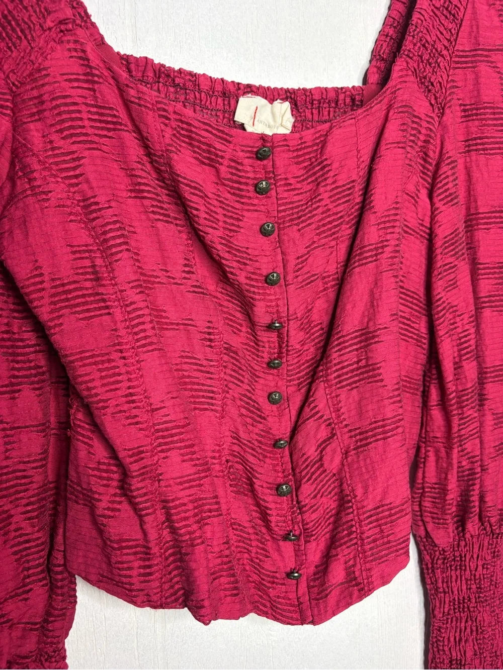 Anthropologie Romantic Puff-Sleeved Blouse size small petite raspberry